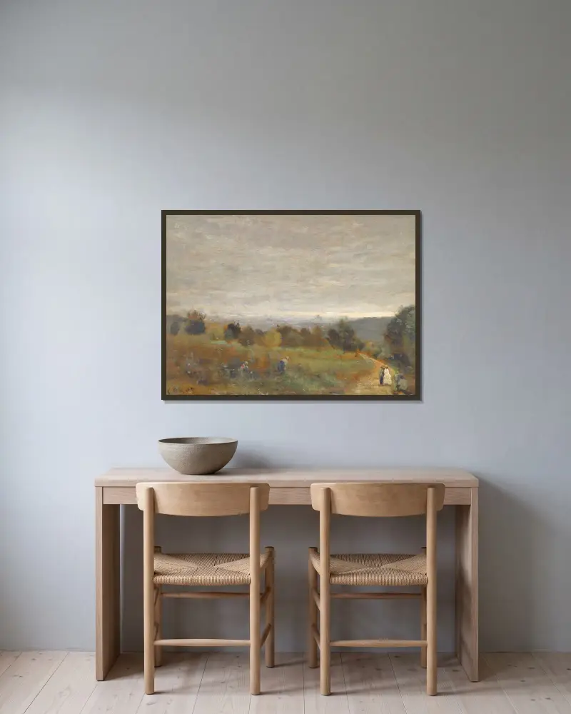 Die Höhen von Sèvres, Paris im Hintergrund von Jean-Baptiste-Camille Corot gerahmt an einer Wand