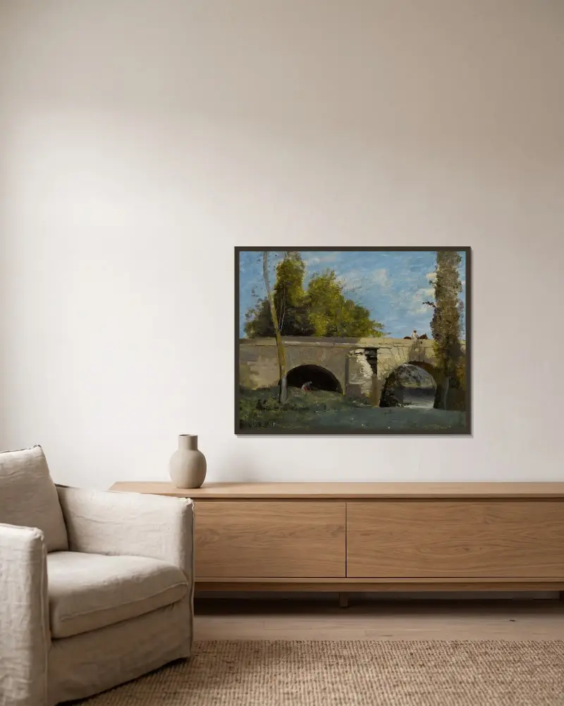 Mantes- Deux Arches Du Pont Avec Un Cavalier av Jean-Baptiste-Camille Corot inramad på en vägg