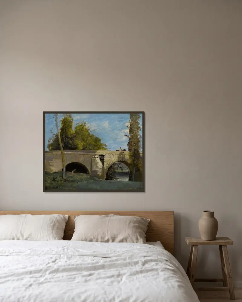 Mantes- Deux Arches Du Pont Avec Un Cavalier av Jean-Baptiste-Camille Corot inramad på en vägg