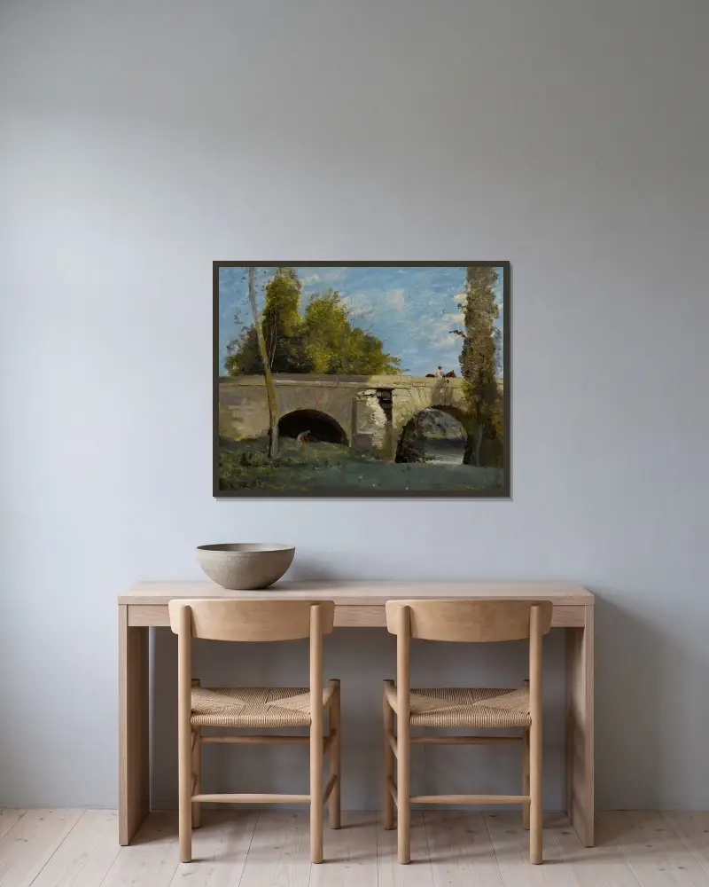 Mantes- Deux Arches Du Pont Avec Un Cavalier av Jean-Baptiste-Camille Corot inramad på en vägg