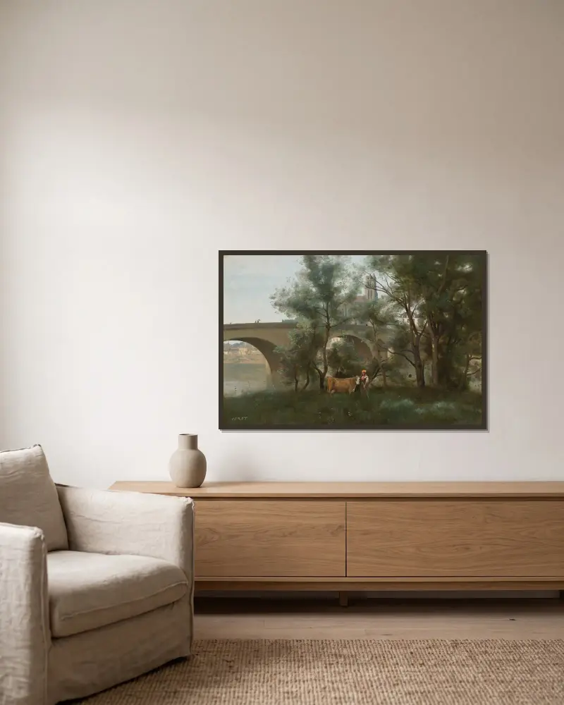 Mantes, Les Bords De La Seine Au Pied Du Pont av Jean-Baptiste-Camille Corot inramad på en vägg
