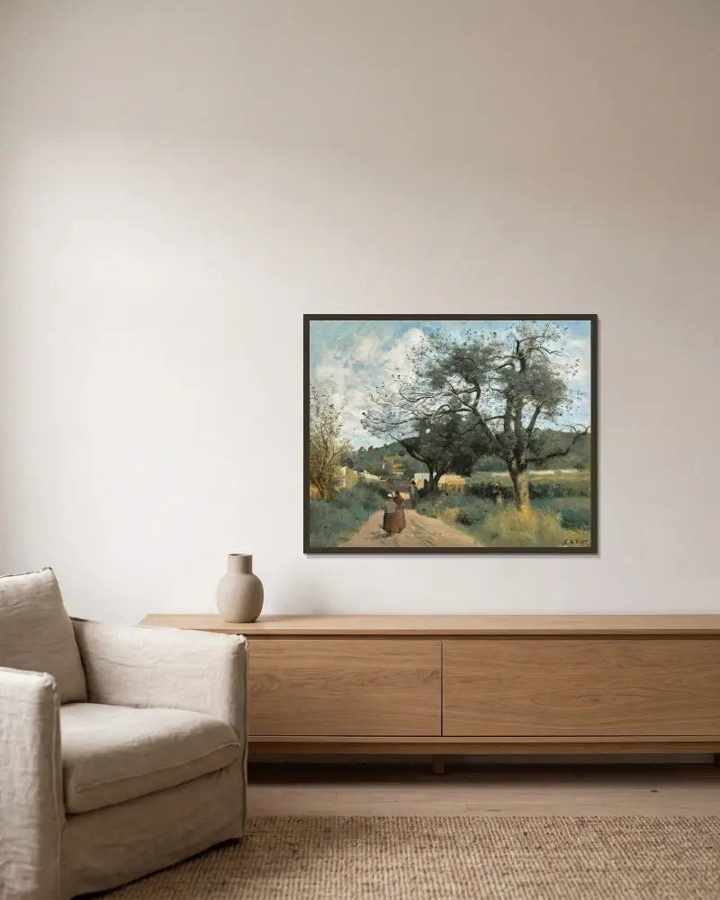 Marcoussis, Route À Travers Les Champs av Jean-Baptiste-Camille Corot inramad på en vägg