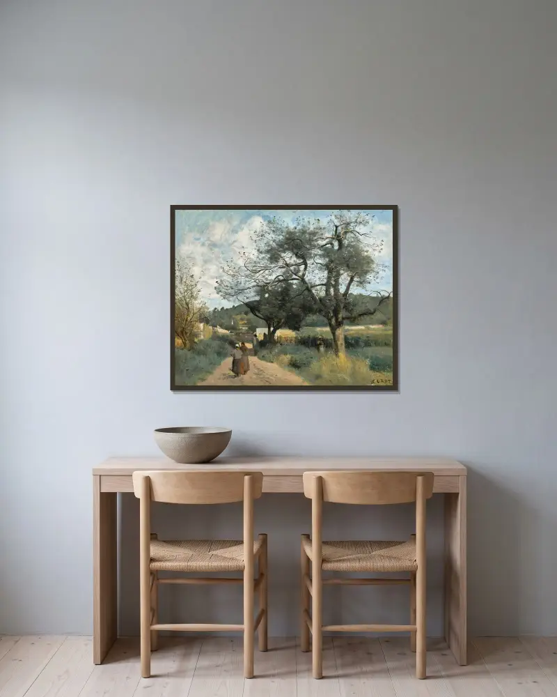 Marcoussis, Route À Travers Les Champs av Jean-Baptiste-Camille Corot inramad på en vägg