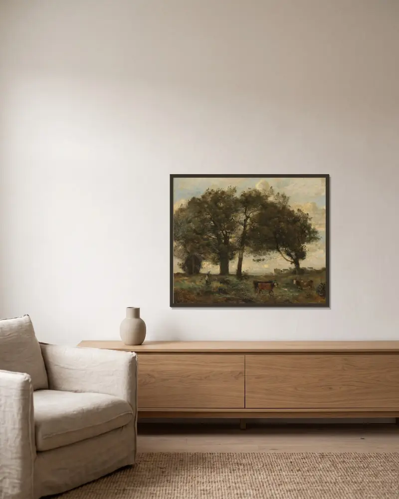 Marecages Boisée Avec Trois Vaches av Jean-Baptiste-Camille Corot inramad på en vägg