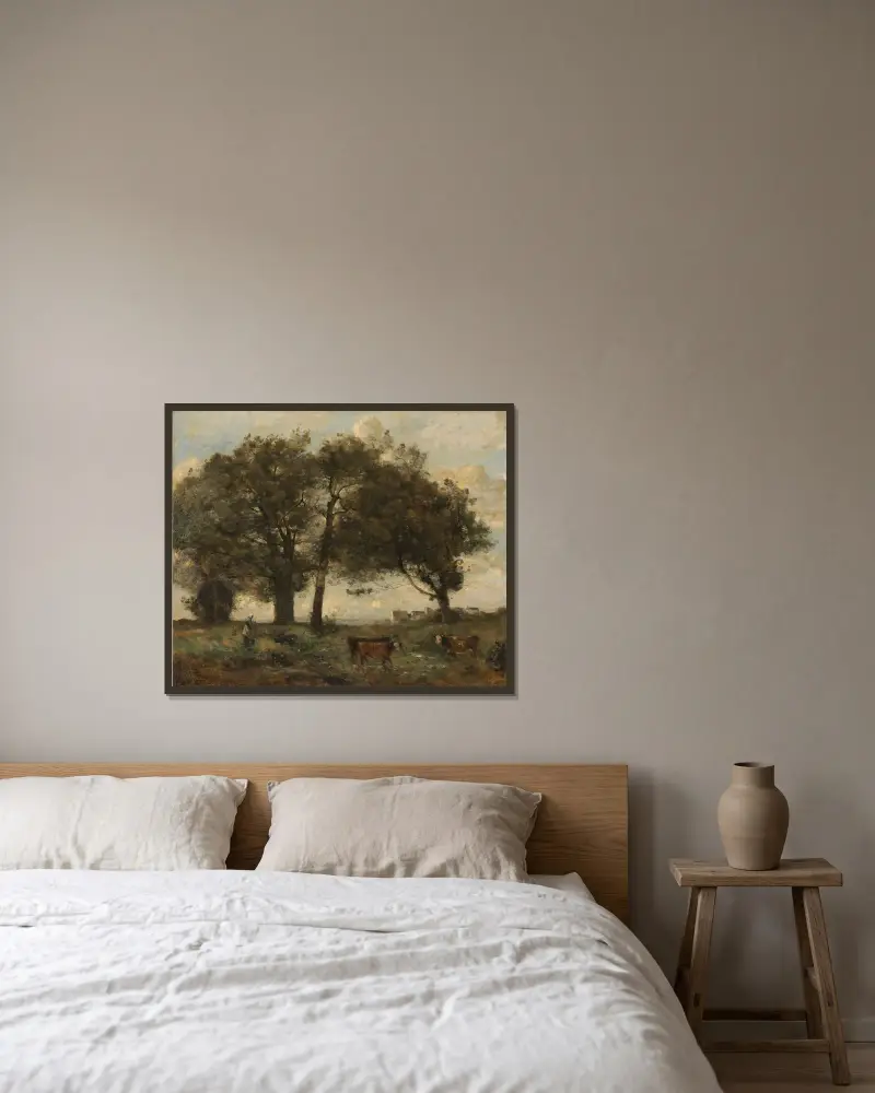 Marecages Boisée Avec Trois Vaches av Jean-Baptiste-Camille Corot inramad på en vägg