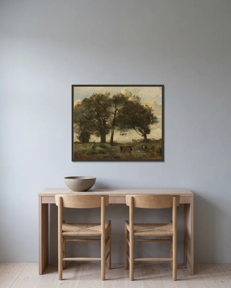 Marecages Boisée Avec Trois Vaches av Jean-Baptiste-Camille Corot inramad på en vägg