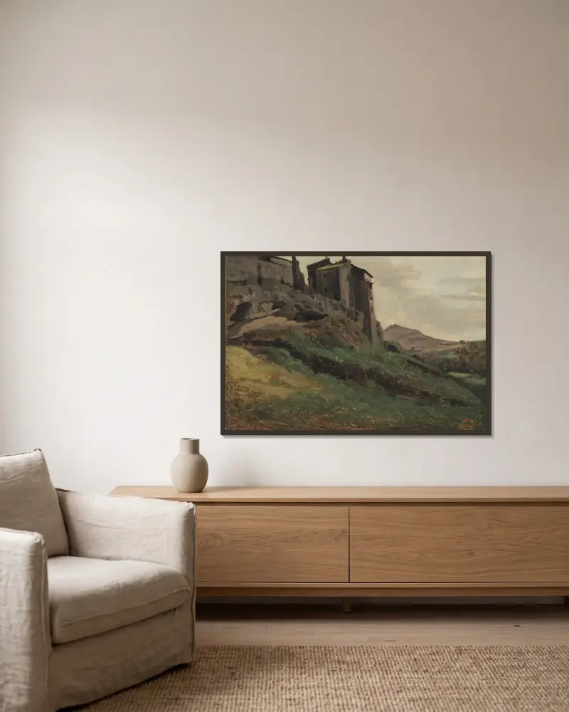Marino, Grandes Fabriques Au Sommet De Rochers av Jean-Baptiste-Camille Corot inramad på en vägg