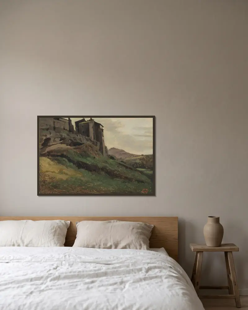 Marino, Grandes Fabriques Au Sommet De Rochers av Jean-Baptiste-Camille Corot inramad på en vägg