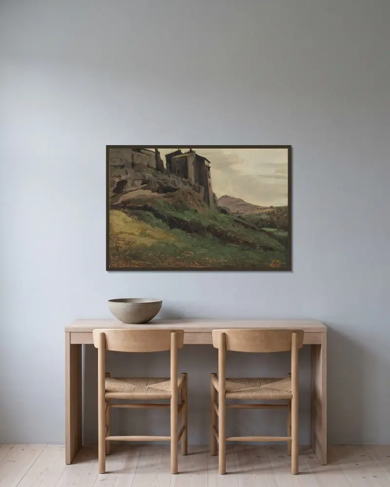 Marino, Grandes Fabriques Au Sommet De Rochers av Jean-Baptiste-Camille Corot inramad på en vägg