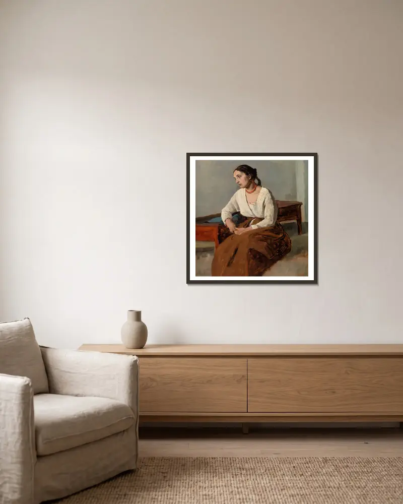 Melancholische Italienerin von Jean-Baptiste-Camille Corot gerahmt an einer Wand