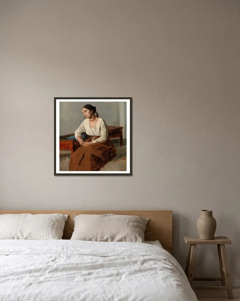 Melancholische Italienerin von Jean-Baptiste-Camille Corot gerahmt an einer Wand