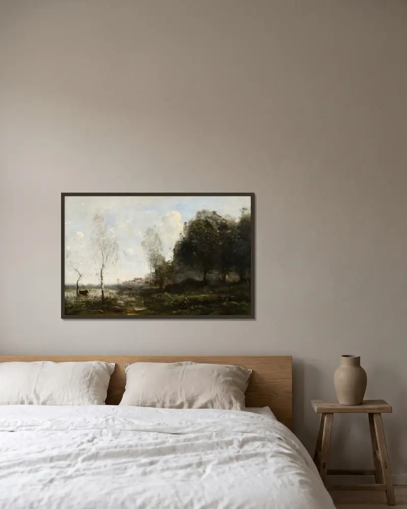 Memory of Saint-Ouen, Cow at the Pond (Souvenir de Saint-Ouen, Vache À L’Étang) av Jean-Baptiste-Camille Corot inramad på en vägg