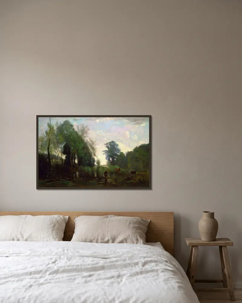 Dunstiger Morgen von Jean-Baptiste-Camille Corot gerahmt an einer Wand