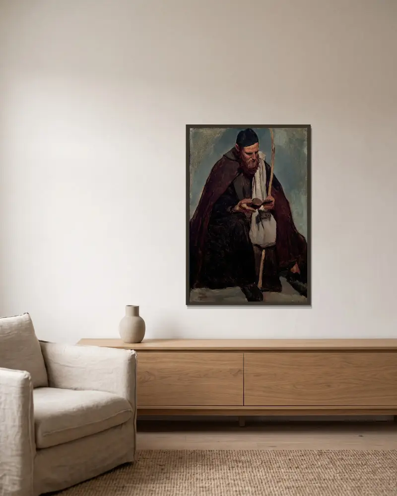 Moine italien assis, lisant (Seated Italian Monk Reading) av Jean-Baptiste-Camille Corot inramad på en vägg