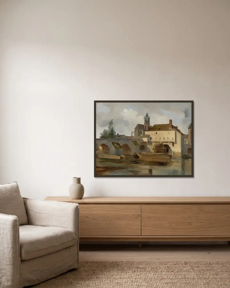 Moret Sur Loing, Le Pont Et L’eglise av Jean-Baptiste-Camille Corot inramad på en vägg