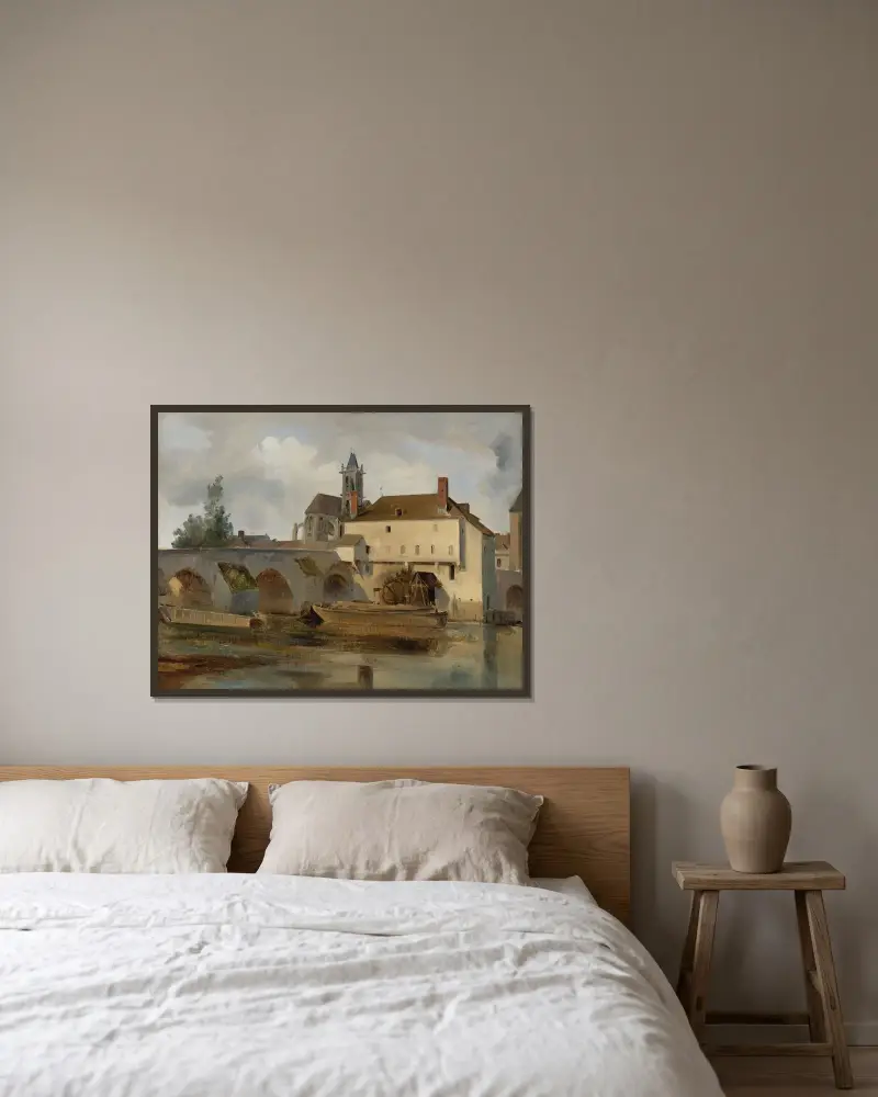 Moret Sur Loing, Le Pont Et L’eglise av Jean-Baptiste-Camille Corot inramad på en vägg