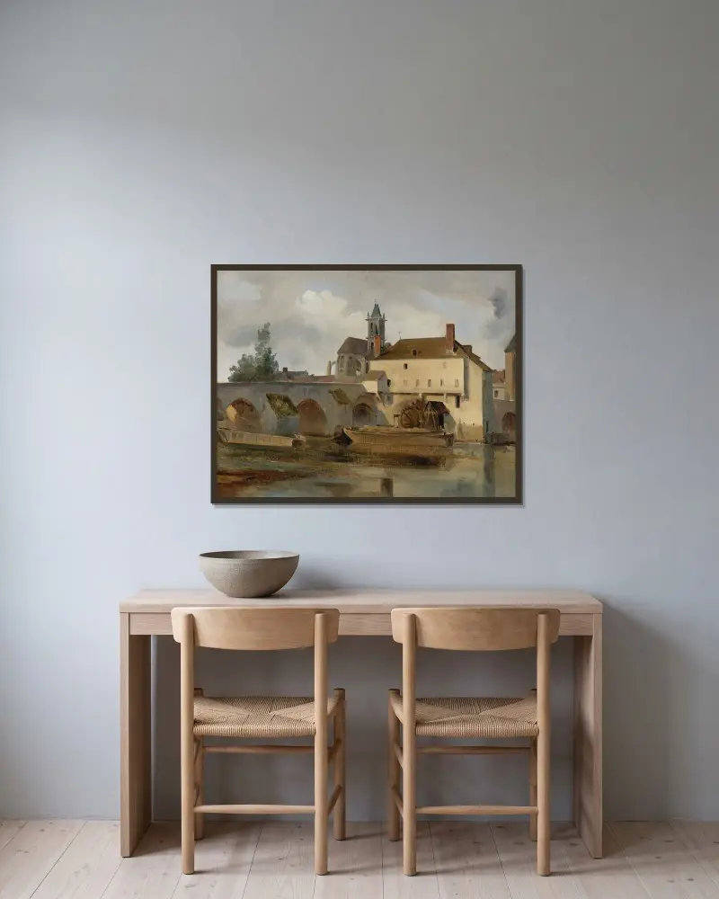 Moret Sur Loing, Le Pont Et L’eglise av Jean-Baptiste-Camille Corot inramad på en vägg