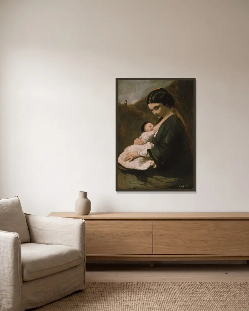 Mother and Child av Jean-Baptiste-Camille Corot inramad på en vägg