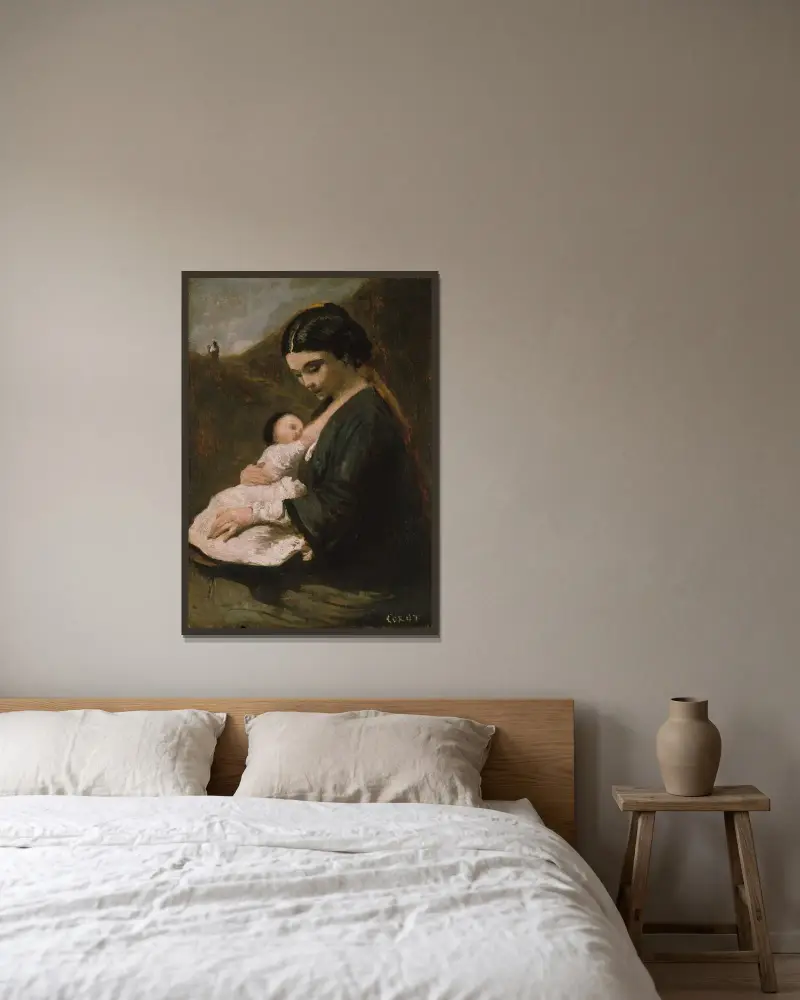 Mother and Child av Jean-Baptiste-Camille Corot inramad på en vägg