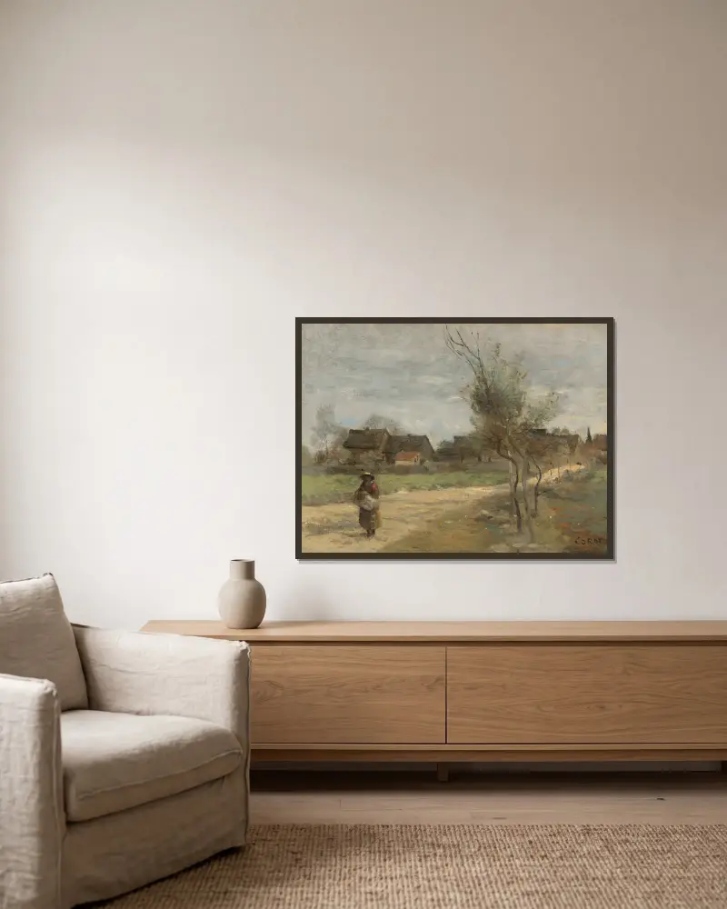 Paysanne Sur Une Route En Vue D’un Village av Jean-Baptiste-Camille Corot inramad på en vägg