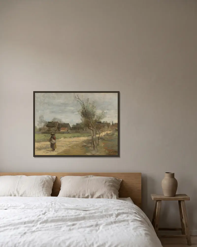 Paysanne Sur Une Route En Vue D’un Village av Jean-Baptiste-Camille Corot inramad på en vägg