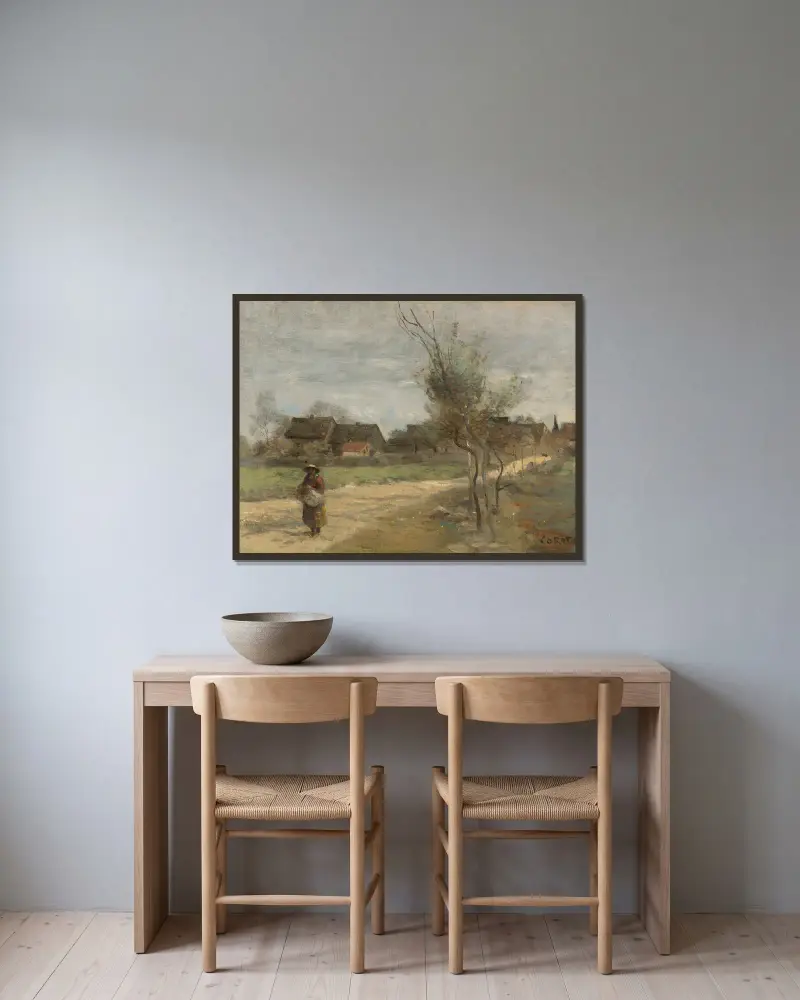 Paysanne Sur Une Route En Vue D’un Village av Jean-Baptiste-Camille Corot inramad på en vägg
