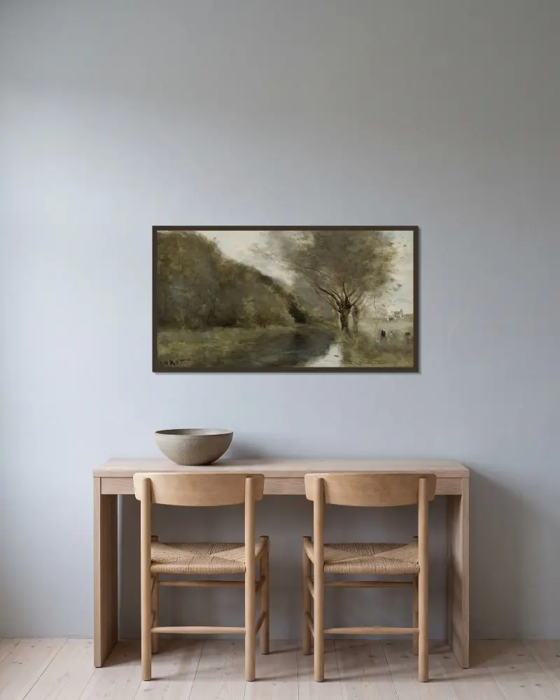 Près Gisors; Saulaie Et Rivière, Effet Du Matin av Jean-Baptiste-Camille Corot inramad på en vägg