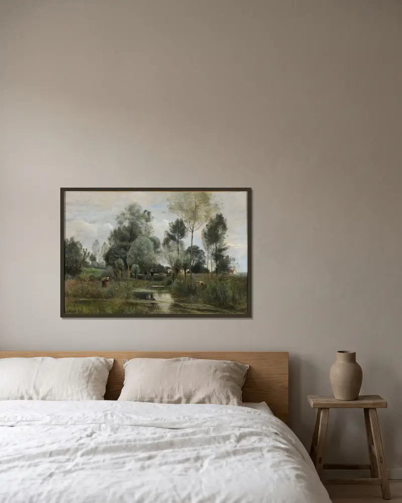 Printemps. La Saulaie av Jean-Baptiste-Camille Corot inramad på en vägg