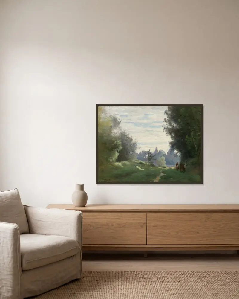 Jitřní paprsky (Kráva jdoucí na pole), Jean-Baptiste-Camille Corot v rámu na stěně