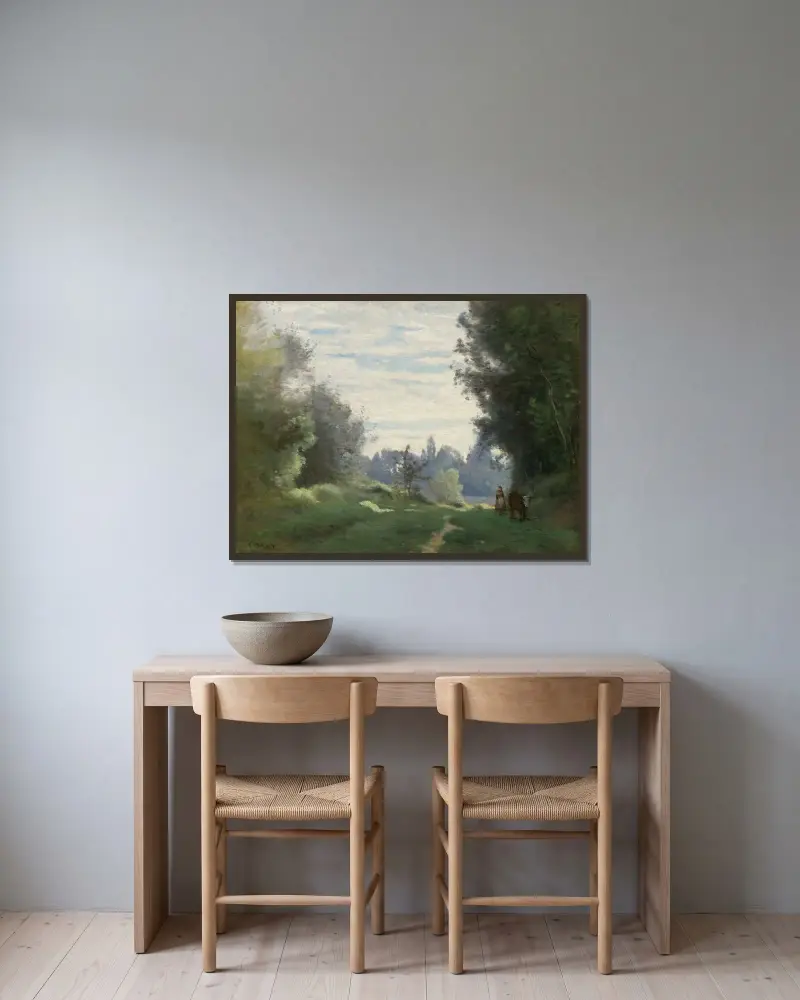 Jitřní paprsky (Kráva jdoucí na pole), Jean-Baptiste-Camille Corot v rámu na stěně