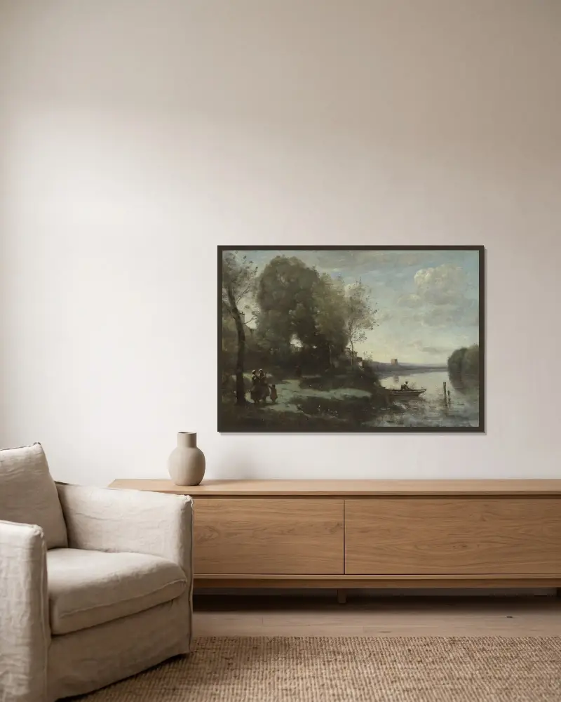 Řeka se vzdálenou věží, Jean-Baptiste-Camille Corot v rámu na stěně