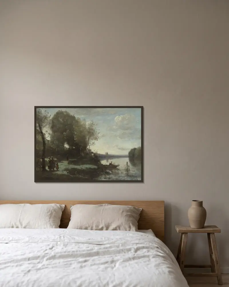 Řeka se vzdálenou věží, Jean-Baptiste-Camille Corot v rámu na stěně