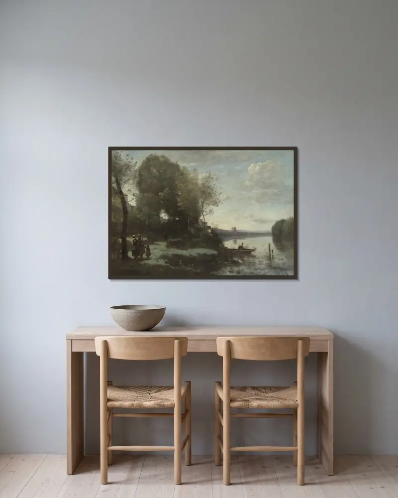Řeka se vzdálenou věží, Jean-Baptiste-Camille Corot v rámu na stěně