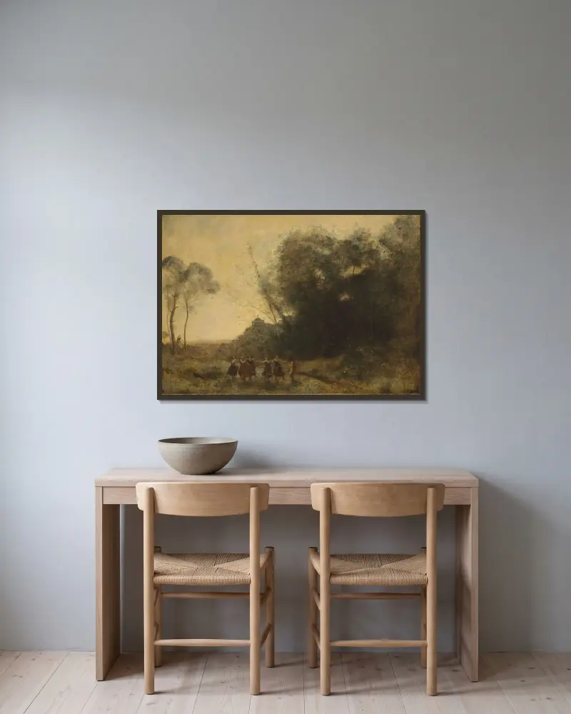 Ronde De Nymphes av Jean-Baptiste-Camille Corot inramad på en vägg
