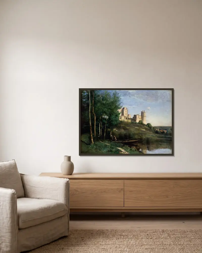 Ruins of the Château de Pierrefonds av Jean-Baptiste-Camille Corot inramad på en vägg