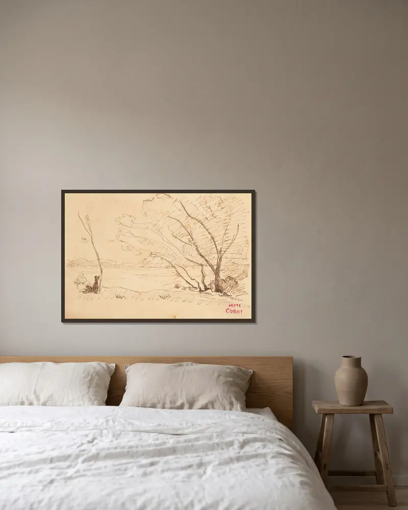 Souvenir de Mortefontaine av Jean-Baptiste-Camille Corot inramad på en vägg