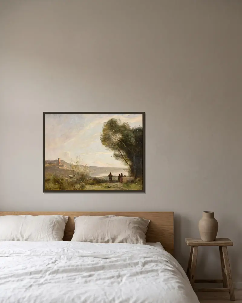 Minne från Medelhavets stränder av Jean-Baptiste-Camille Corot inramad på en vägg