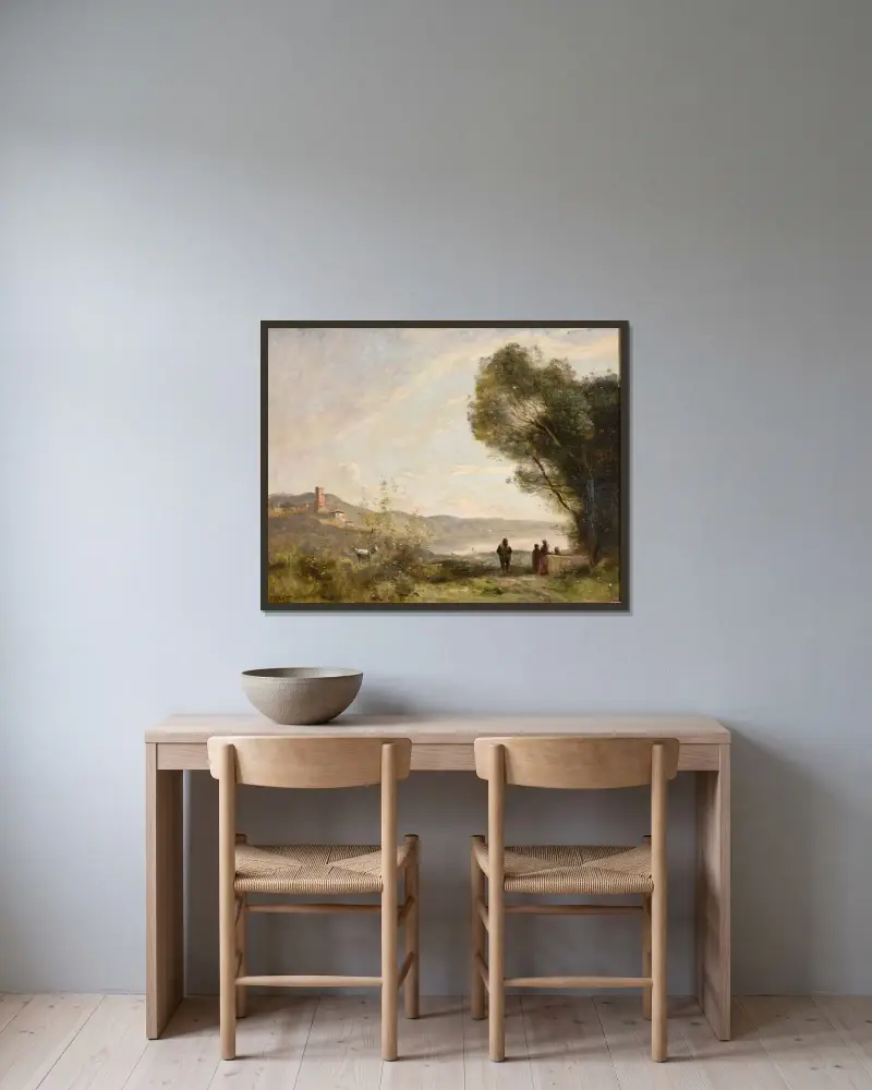 Minne från Medelhavets stränder av Jean-Baptiste-Camille Corot inramad på en vägg
