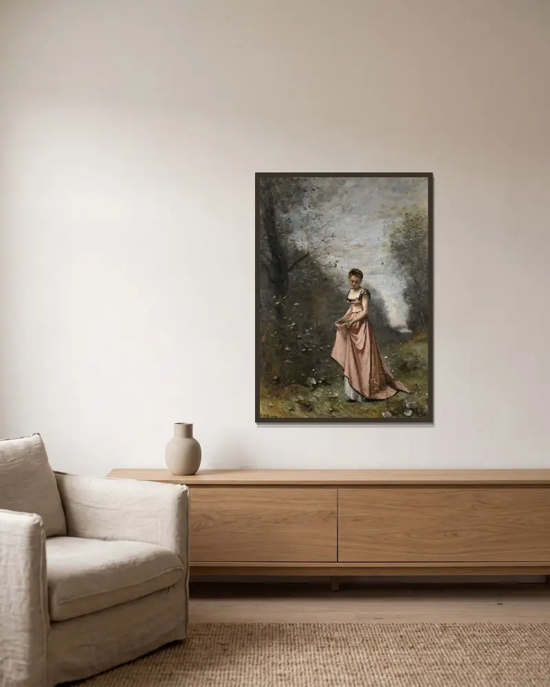 Springtime of Life av Jean-Baptiste-Camille Corot inramad på en vägg
