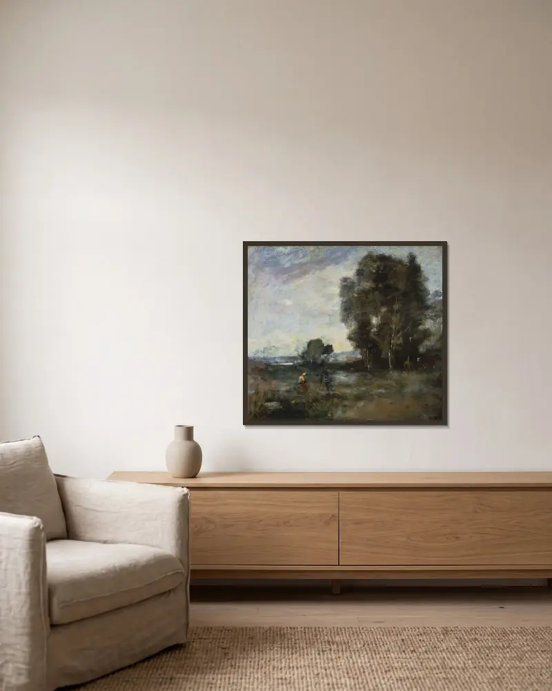 Sommerlandschaft von Jean-Baptiste-Camille Corot gerahmt an einer Wand