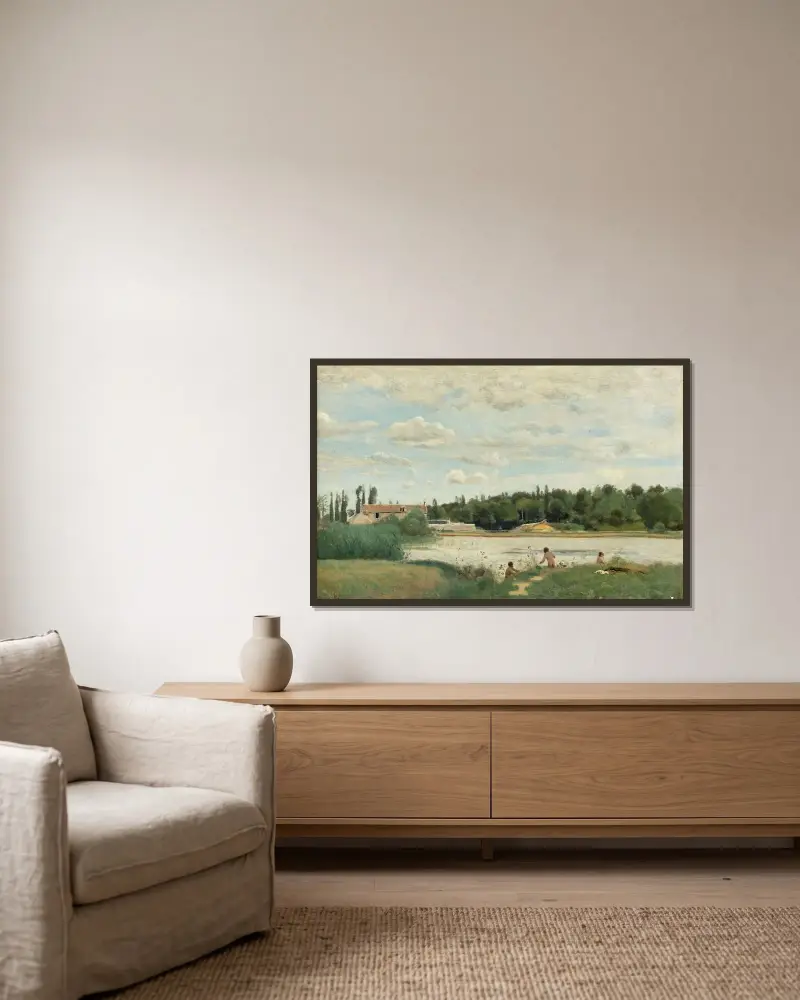 Das Bad von Jean-Baptiste-Camille Corot gerahmt an einer Wand