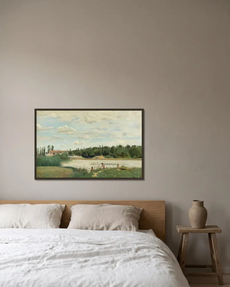 Das Bad von Jean-Baptiste-Camille Corot gerahmt an einer Wand
