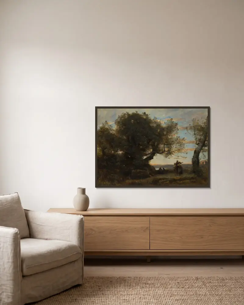 Die Zigeuner von Jean-Baptiste-Camille Corot gerahmt an einer Wand
