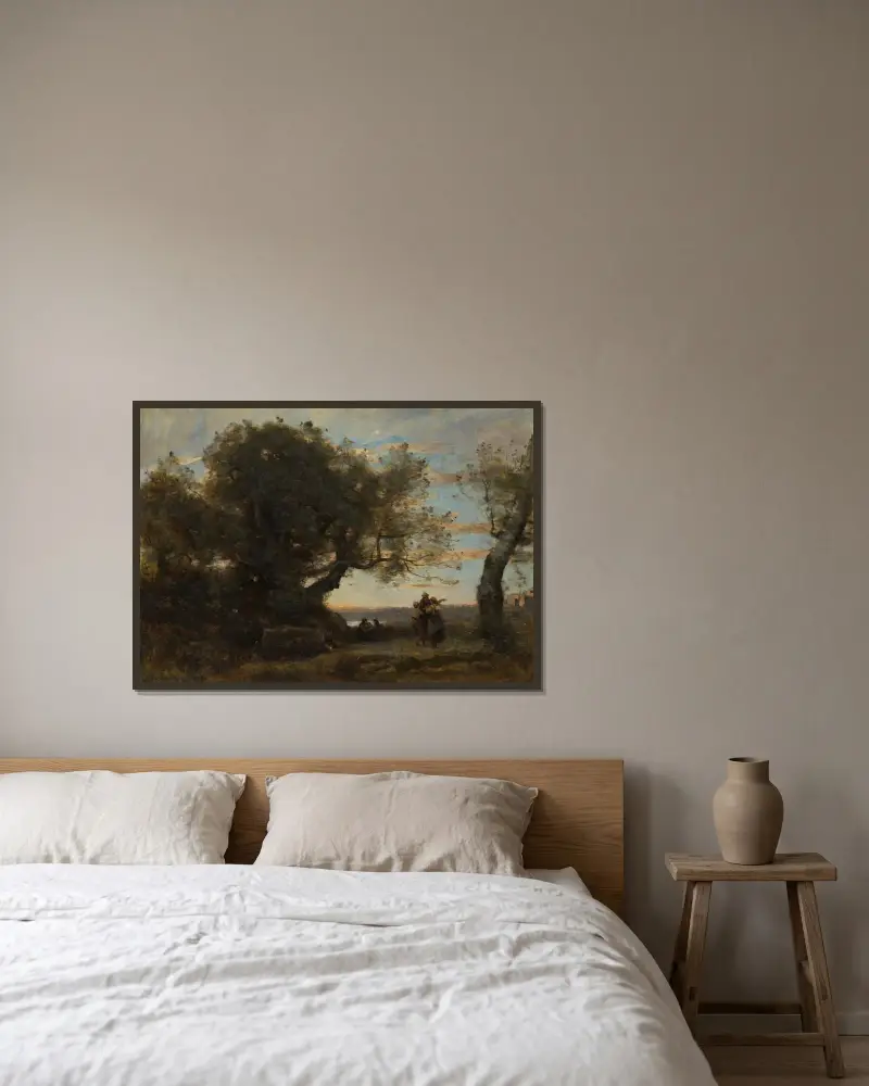 Die Zigeuner von Jean-Baptiste-Camille Corot gerahmt an einer Wand