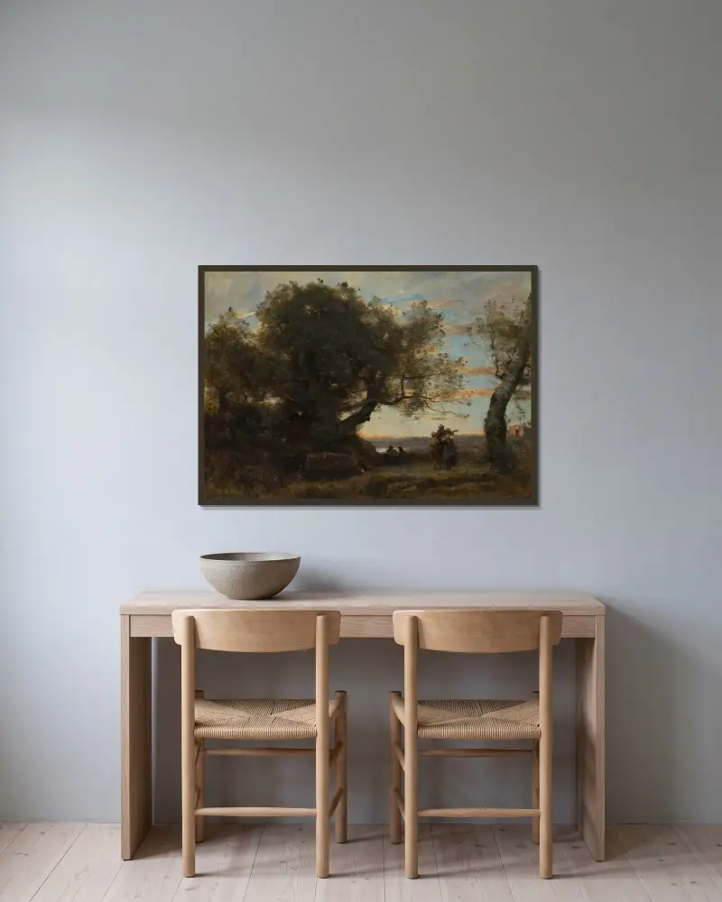 Die Zigeuner von Jean-Baptiste-Camille Corot gerahmt an einer Wand