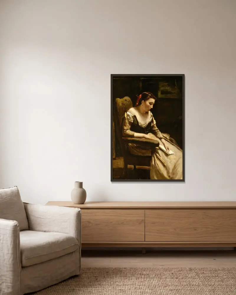Der Briefleser von Jean-Baptiste-Camille Corot gerahmt an einer Wand