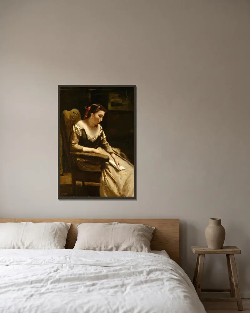 Der Briefleser von Jean-Baptiste-Camille Corot gerahmt an einer Wand
