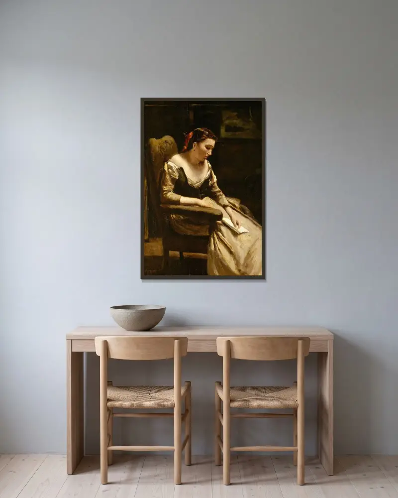 Der Briefleser von Jean-Baptiste-Camille Corot gerahmt an einer Wand