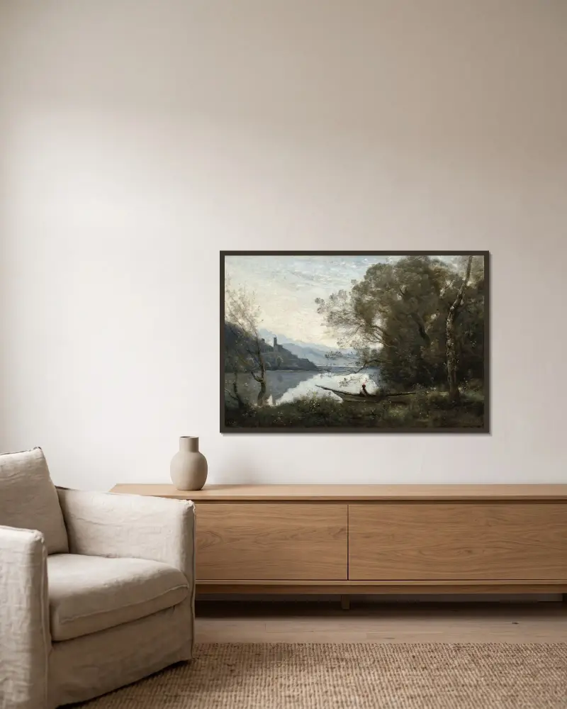 The Moored Boatman – Souvenir of an Italian Lake av Jean-Baptiste-Camille Corot inramad på en vägg