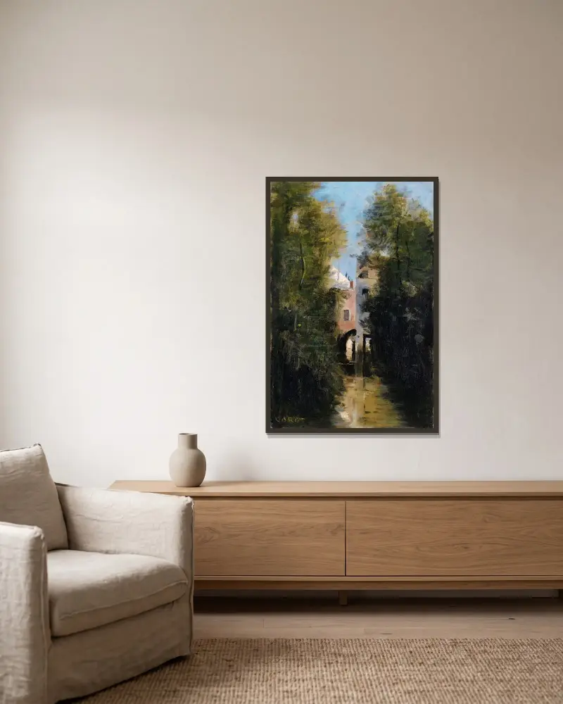 Väderkvarnen vid floden Thérain i Beauvais av Jean-Baptiste-Camille Corot inramad på en vägg